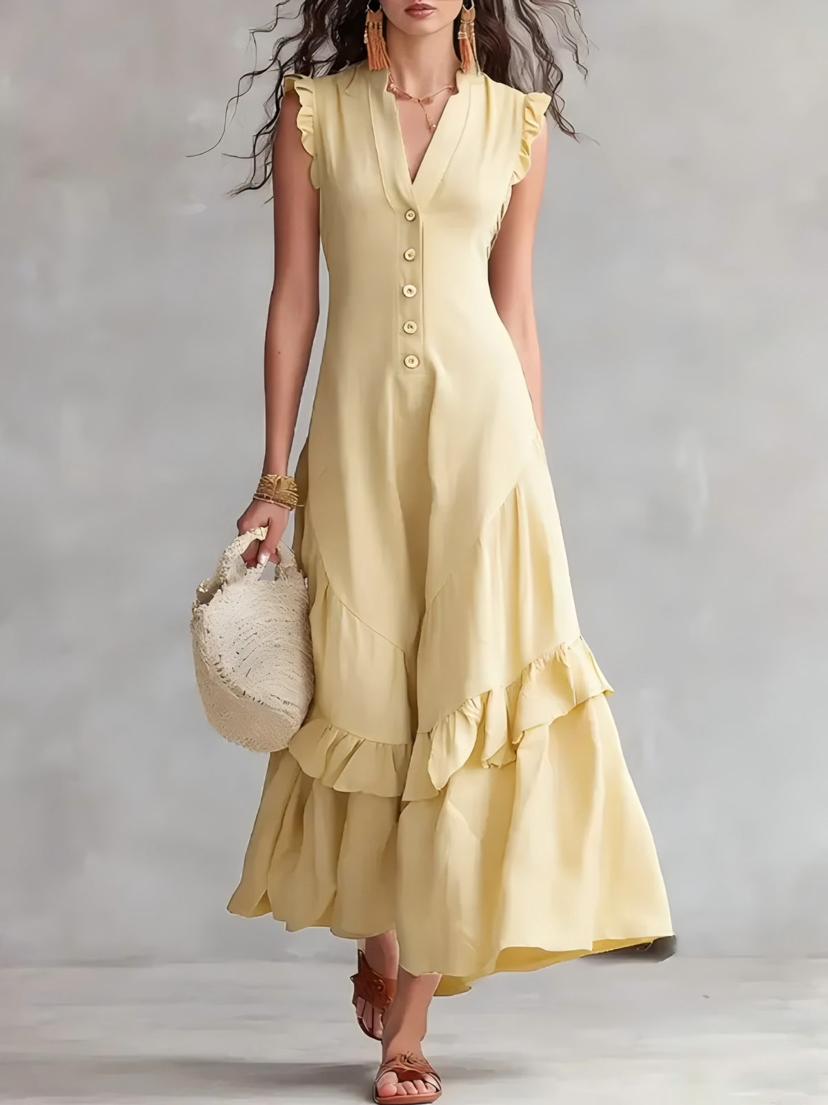 Ruffle-Hem Linen-Blend Maxi Dress