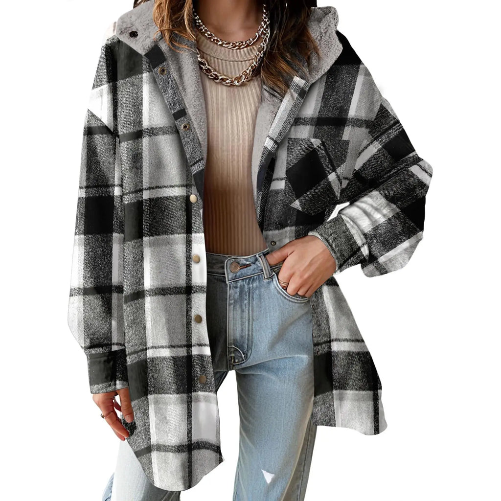 Women's Flannel Hooded Plaid Shirt, Warm Fleece Jacket