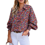 Women's Casual V Neck Allover Floral Print Long Sleeve Chiffon Button Down Blouses Bohemian Top Shirts