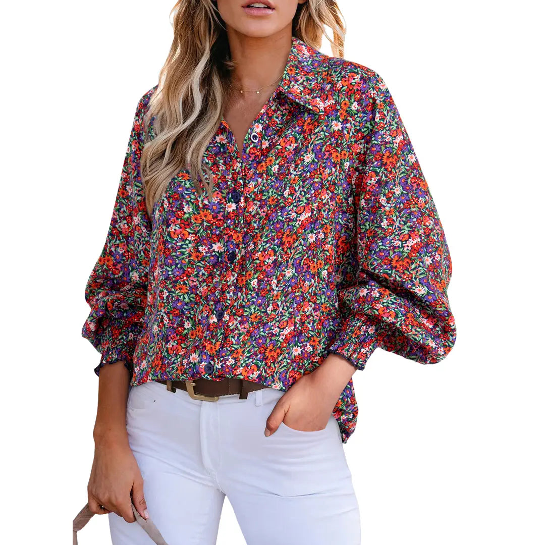 Women's Casual V Neck Allover Floral Print Long Sleeve Chiffon Button Down Blouses Bohemian Top Shirts
