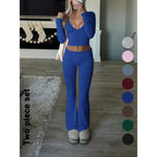 Slim-Fit Crop Top & Pants Two-Piece Set, Chic Solid Color V-Neck Long Sleeve for Fall and Winter