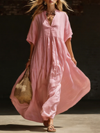 Cozy Vacation V-neck Loose Linen Cotton Maxi Dress