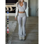 Slim-Fit Crop Top & Pants Two-Piece Set, Chic Solid Color V-Neck Long Sleeve for Fall and Winter