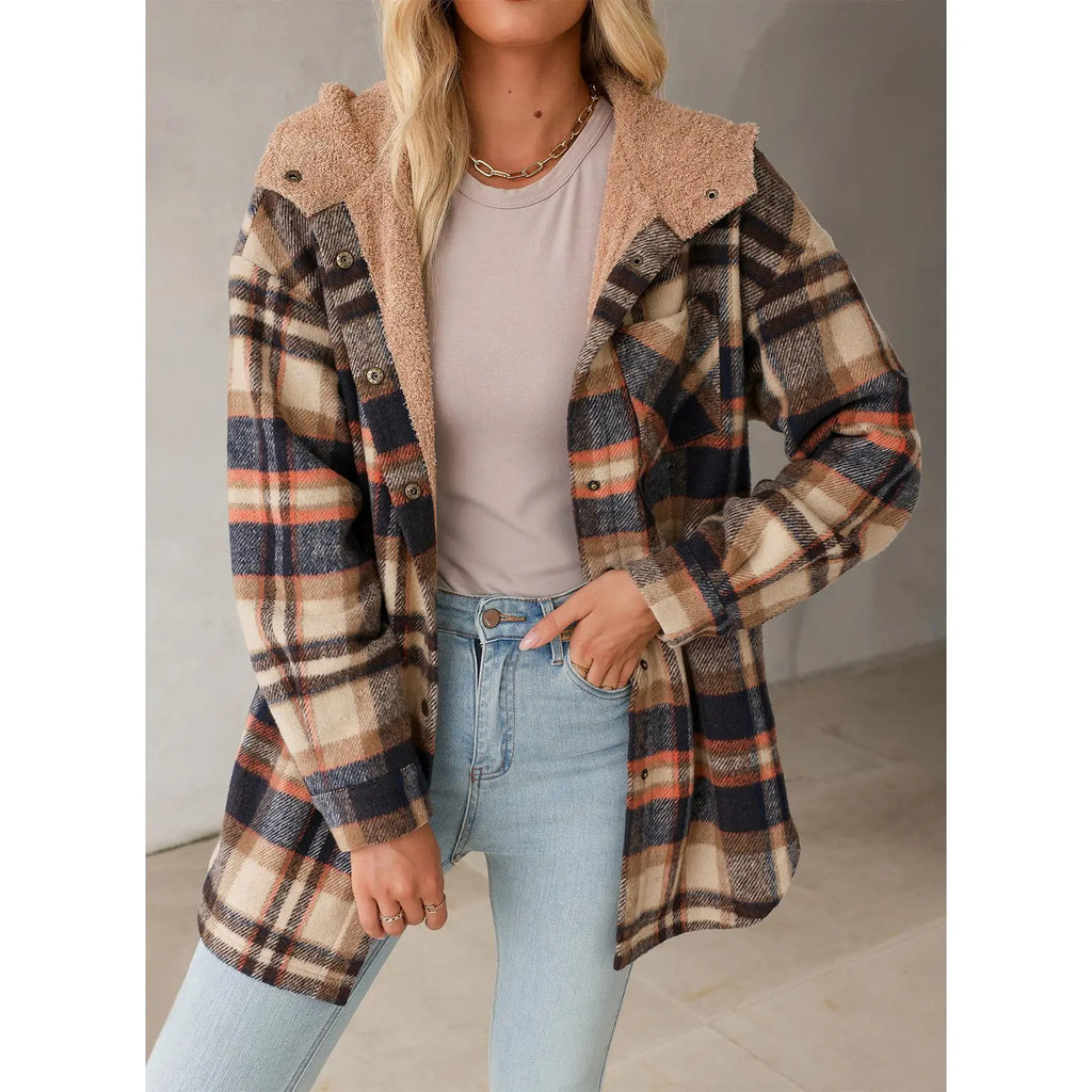 Women's Flannel Hooded Plaid Shirt, Warm Fleece Jacket