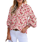 Women's Casual V Neck Allover Floral Print Long Sleeve Chiffon Button Down Blouses Bohemian Top Shirts