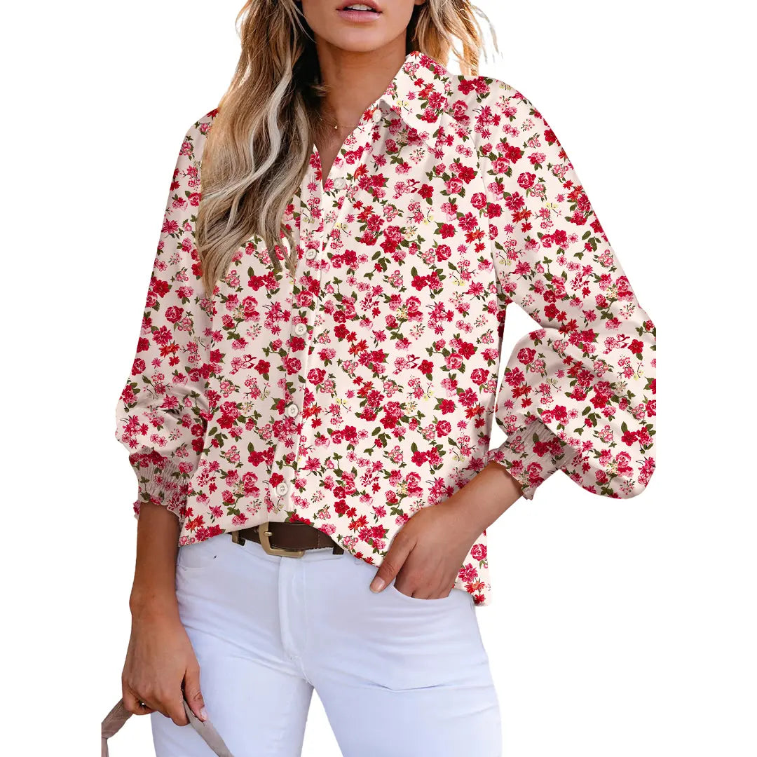 Women's Casual V Neck Allover Floral Print Long Sleeve Chiffon Button Down Blouses Bohemian Top Shirts
