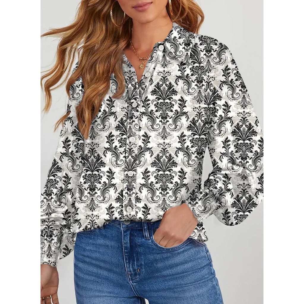 Women's Casual V Neck Allover Floral Print Long Sleeve Chiffon Button Down Blouses Bohemian Top Shirts