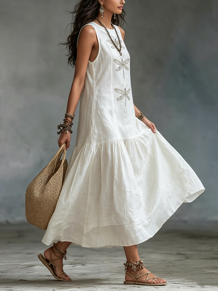 Retro Boho Dragonfly Print Linen Maxi Dress