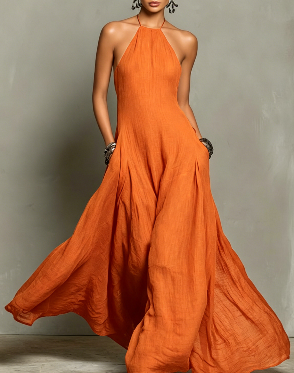 Women's Minimalist Linen Blend Halter Maxi Dress