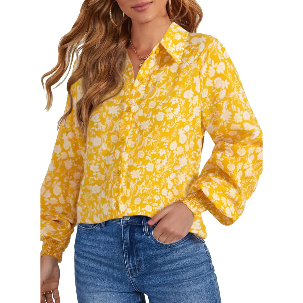 Women's Casual V Neck Allover Floral Print Long Sleeve Chiffon Button Down Blouses Bohemian Top Shirts