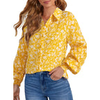Women's Casual V Neck Allover Floral Print Long Sleeve Chiffon Button Down Blouses Bohemian Top Shirts