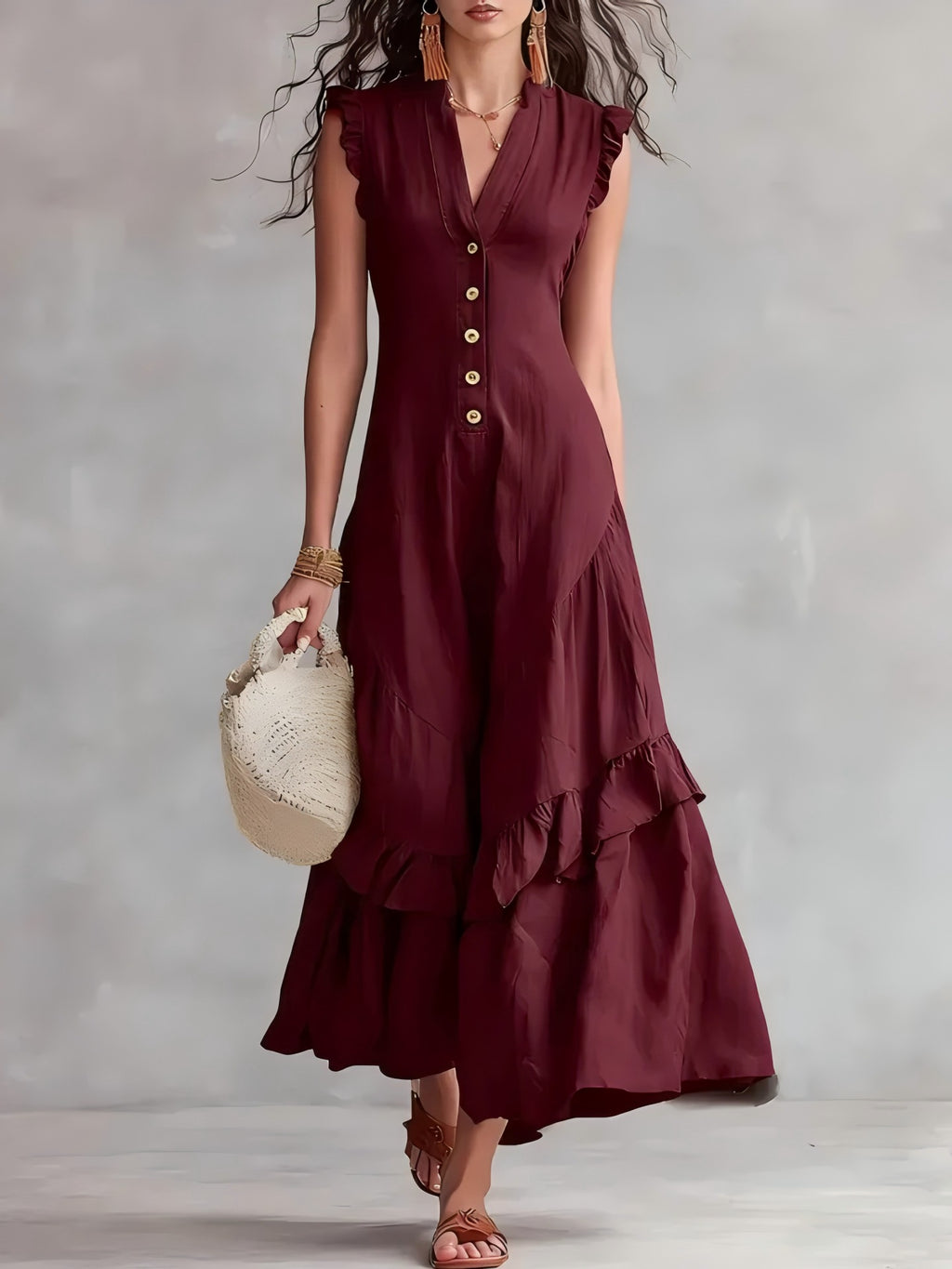 Ruffle-Hem Linen-Blend Maxi Dress