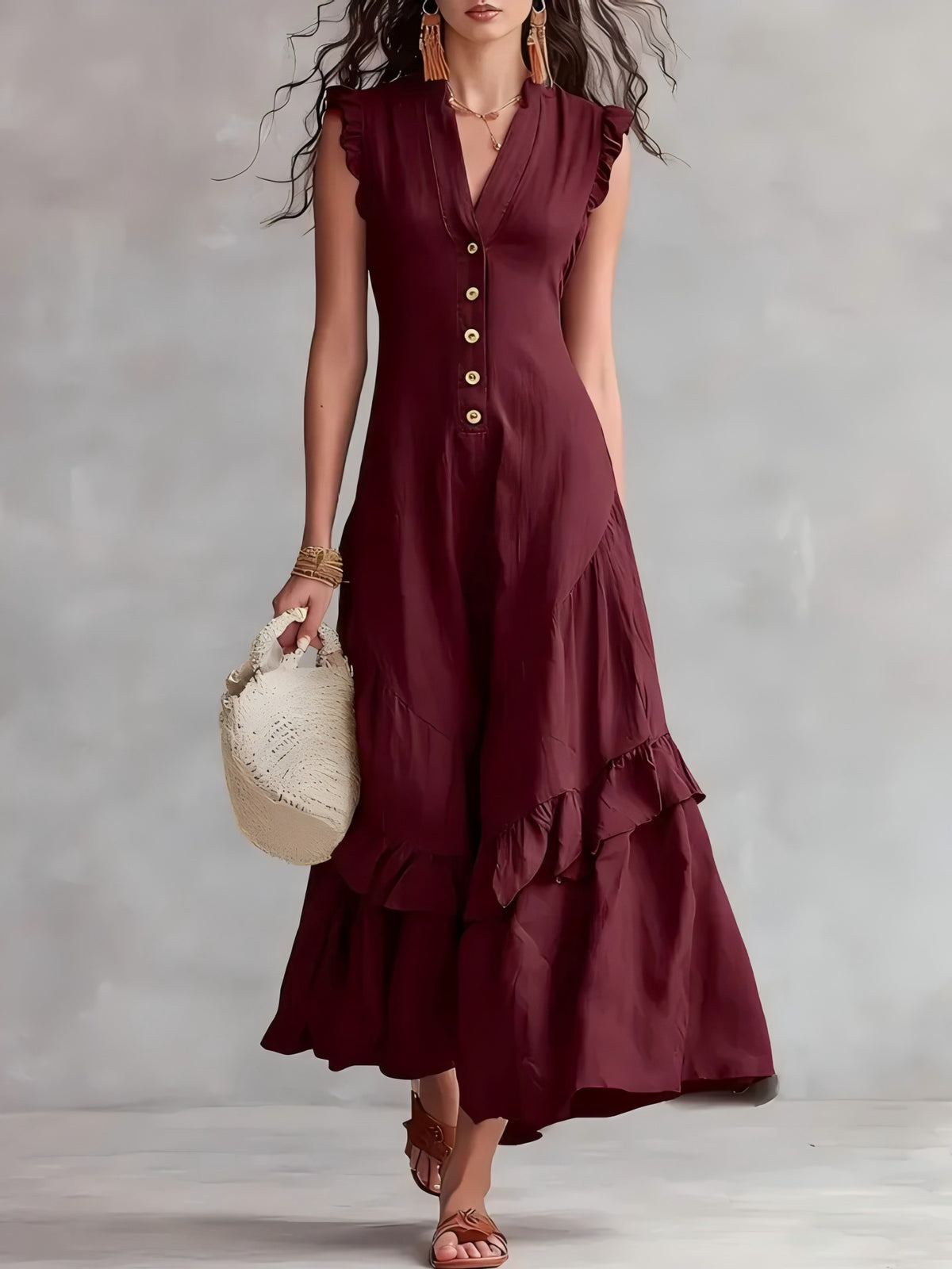 Ruffle-Hem Linen-Blend Maxi Dress