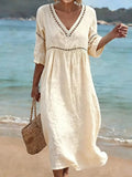 Women's Linen V-Neck Midi Dress