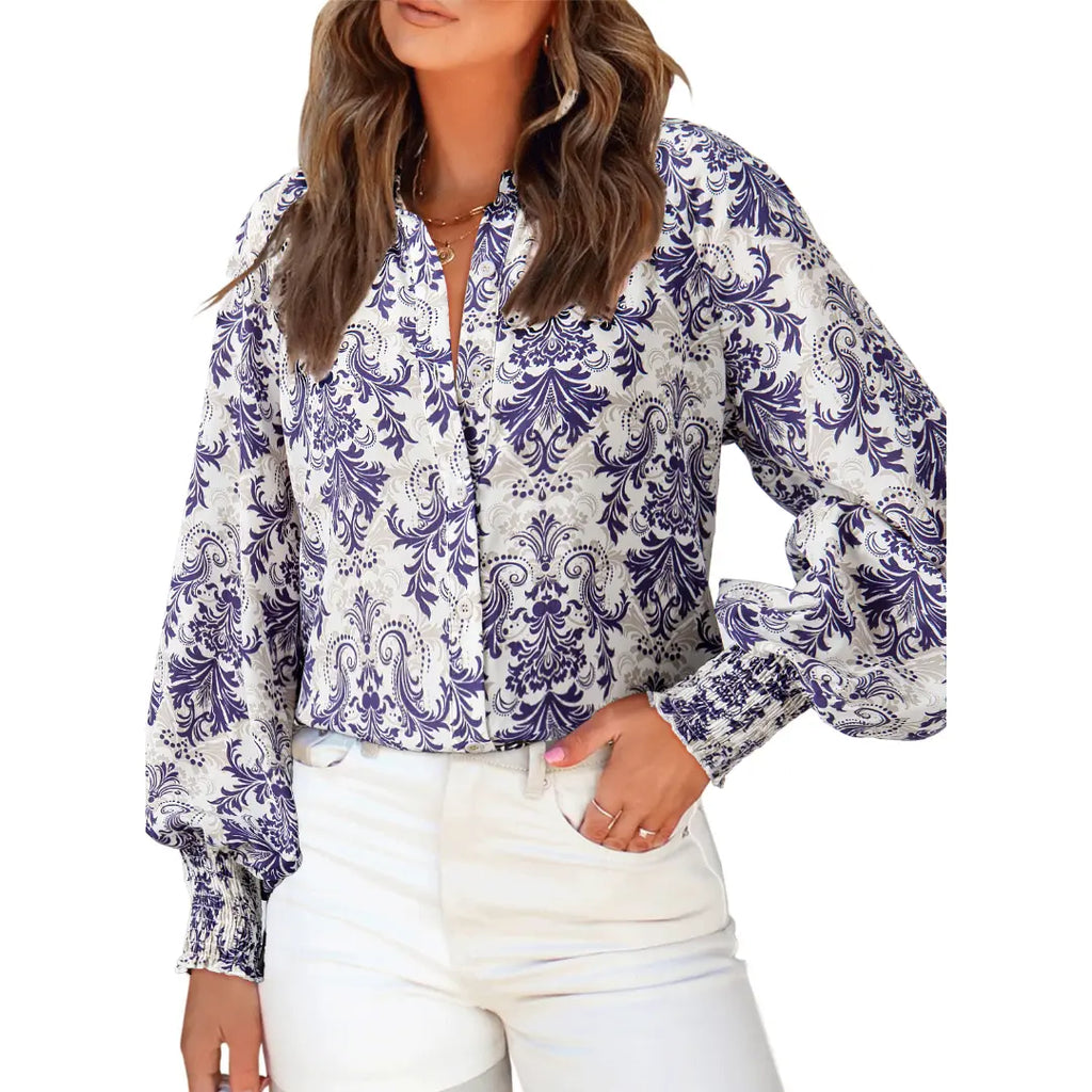 Women's Casual V Neck Allover Floral Print Long Sleeve Chiffon Button Down Blouses Bohemian Top Shirts