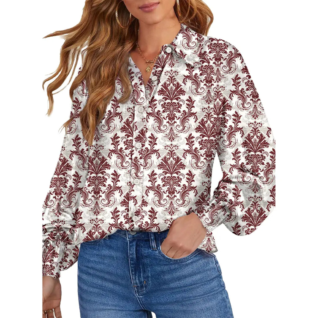 Women's Casual V Neck Allover Floral Print Long Sleeve Chiffon Button Down Blouses Bohemian Top Shirts