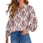 Women's Casual V Neck Allover Floral Print Long Sleeve Chiffon Button Down Blouses Bohemian Top Shirts