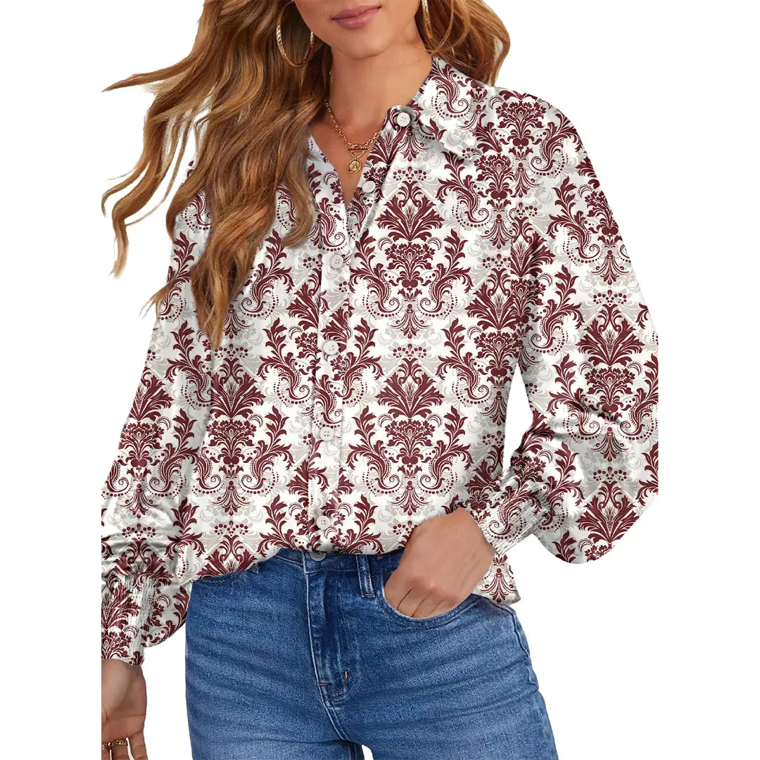 Women's Casual V Neck Allover Floral Print Long Sleeve Chiffon Button Down Blouses Bohemian Top Shirts