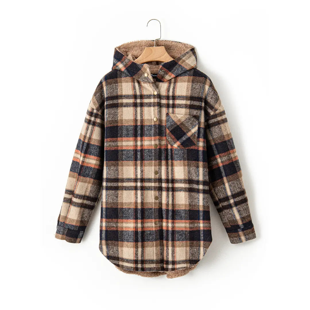 Women's Flannel Hooded Plaid Shirt, Warm Fleece Jacket
