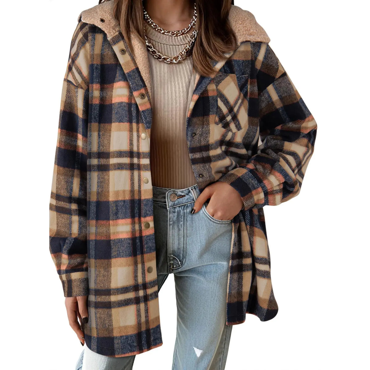 Women's Flannel Hooded Plaid Shirt, Warm Fleece Jacket