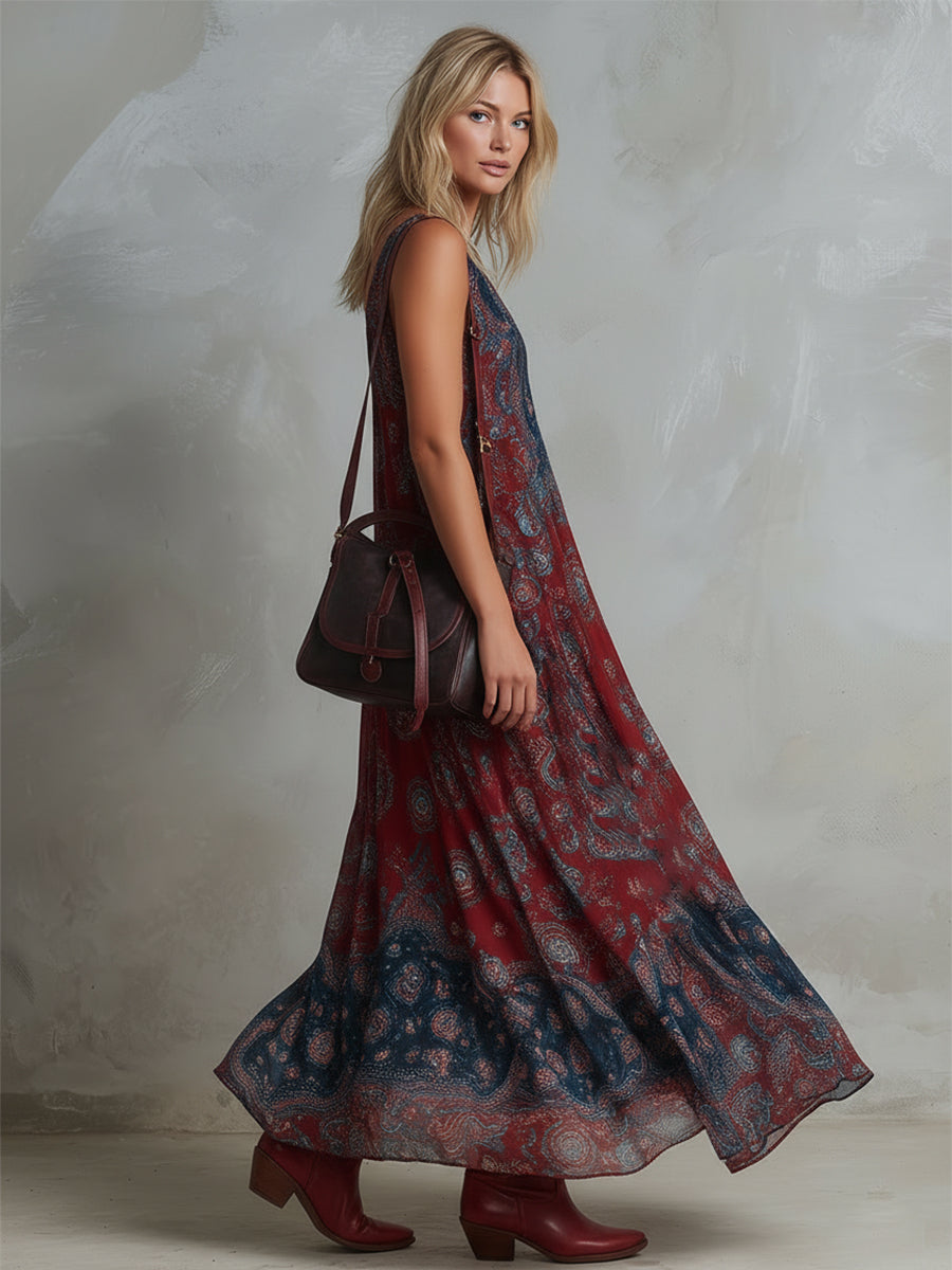 Women's Retro Bohemian Print Chiffon Maxi Dress