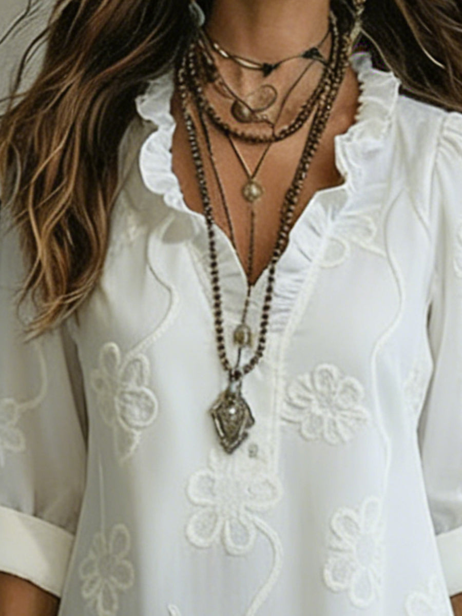 Retro Floral Ruffled-Collar A-Line Dress