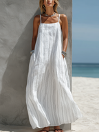 Mother's Day Sale Women's Casual White Vertical Striped Woven Sleeveless Loose Long Dress