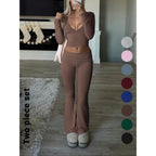 Slim-Fit Crop Top & Pants Two-Piece Set, Chic Solid Color V-Neck Long Sleeve for Fall and Winter