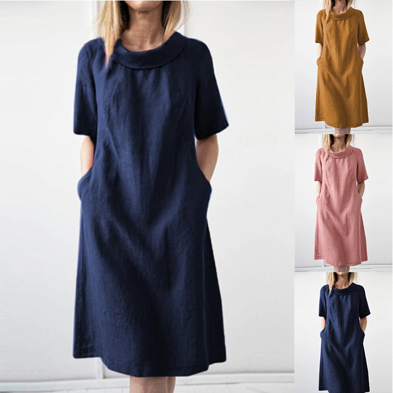 Women's Relaxed Cotton-Linen Short-Sleeve Dress