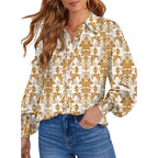 Women's Casual V Neck Allover Floral Print Long Sleeve Chiffon Button Down Blouses Bohemian Top Shirts
