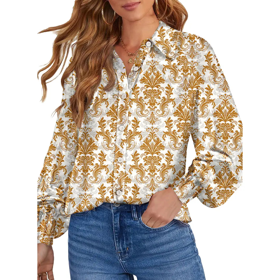 Women's Casual V Neck Allover Floral Print Long Sleeve Chiffon Button Down Blouses Bohemian Top Shirts