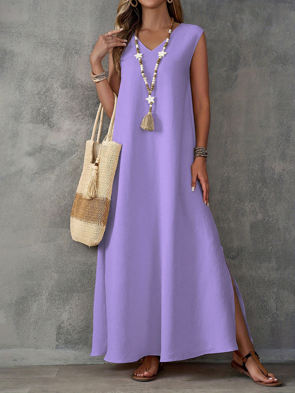 Boho Chic Linen-Blend Side-Slit Maxi Dress