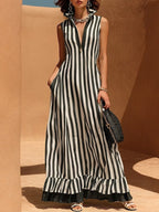 Casual Striped Half-zip Sleeveless Dress