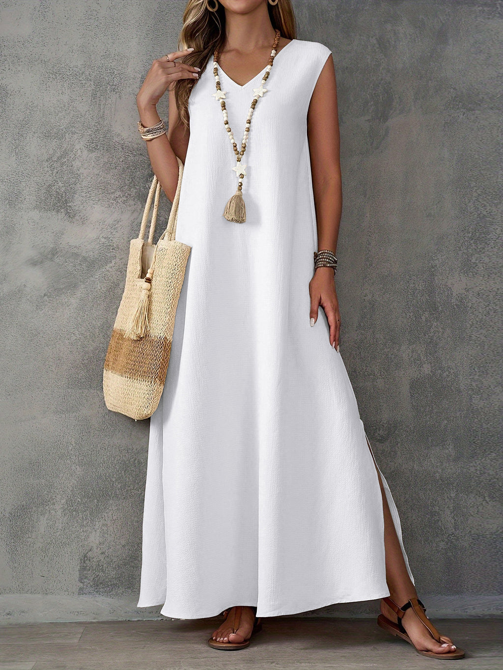 Boho Chic Linen-Blend Side-Slit Maxi Dress