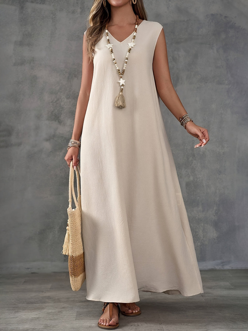 Boho Chic Linen-Blend Side-Slit Maxi Dress