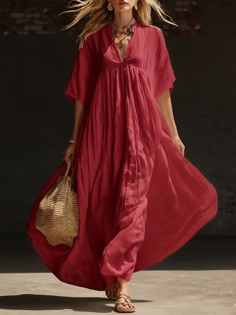 Cozy Vacation V-neck Loose Linen Cotton Maxi Dress