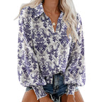 Women's Casual V Neck Allover Floral Print Long Sleeve Chiffon Button Down Blouses Bohemian Top Shirts