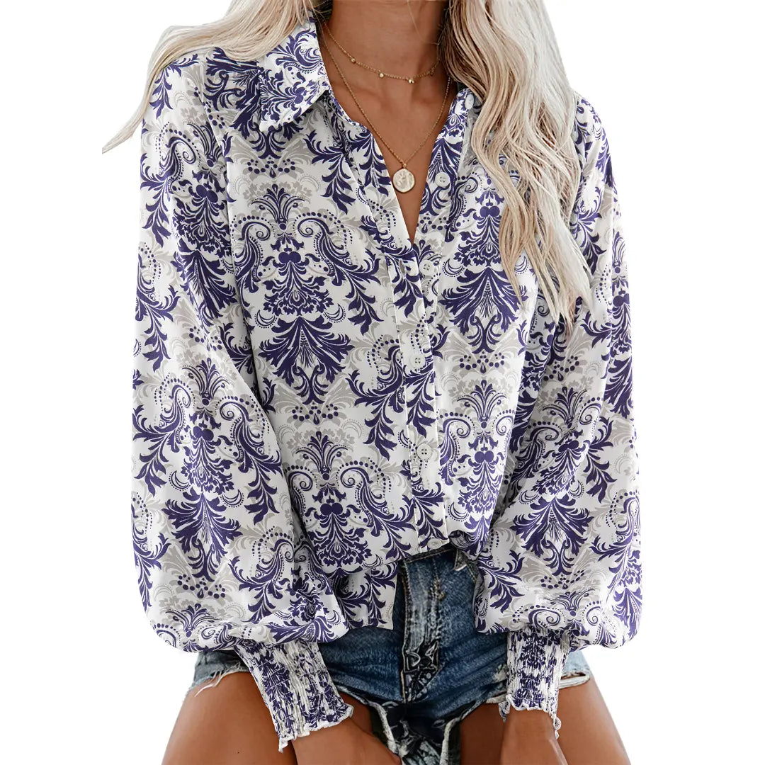 Women's Casual V Neck Allover Floral Print Long Sleeve Chiffon Button Down Blouses Bohemian Top Shirts