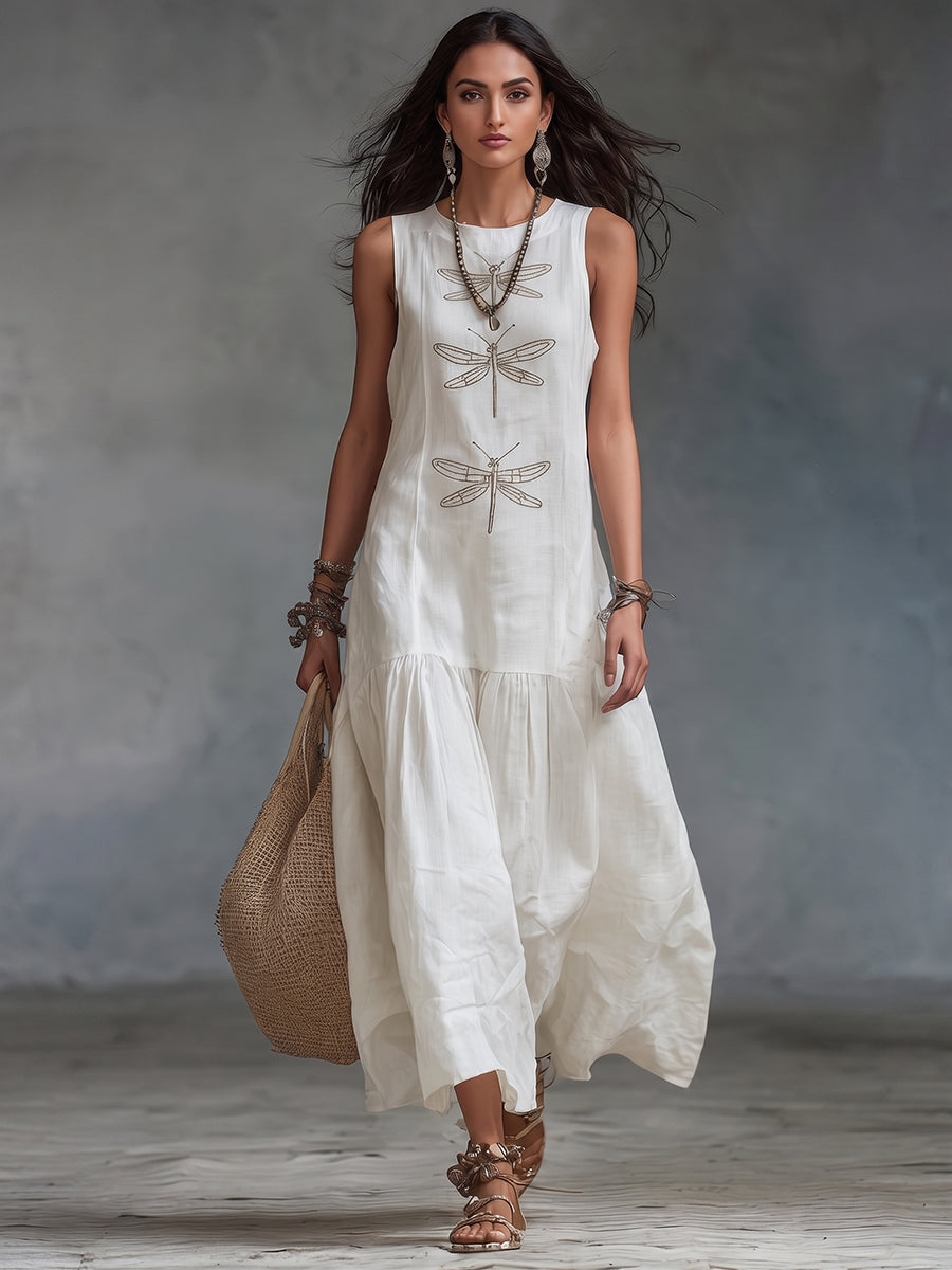 Retro Boho Dragonfly Print Linen Maxi Dress