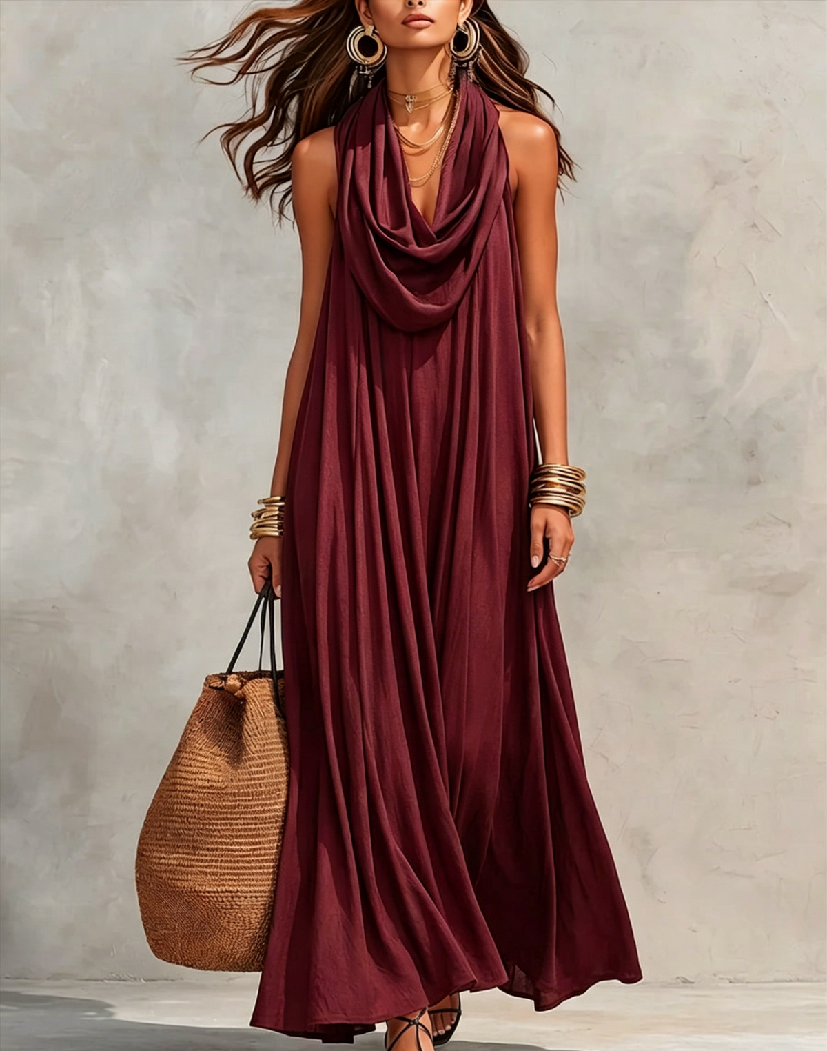 Women's Flowy Stand-Collar Casual Dress