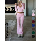 Slim-Fit Crop Top & Pants Two-Piece Set, Chic Solid Color V-Neck Long Sleeve for Fall and Winter