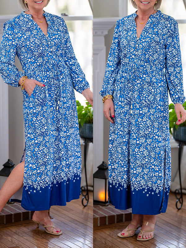 V-Neck Printed Slit Dress