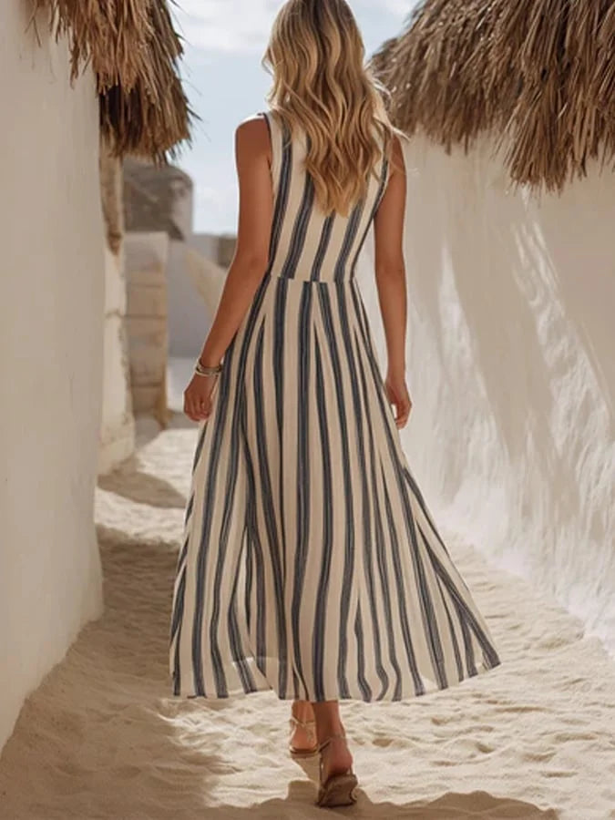 Women's Retro Striped V-Neck Maxi Dress