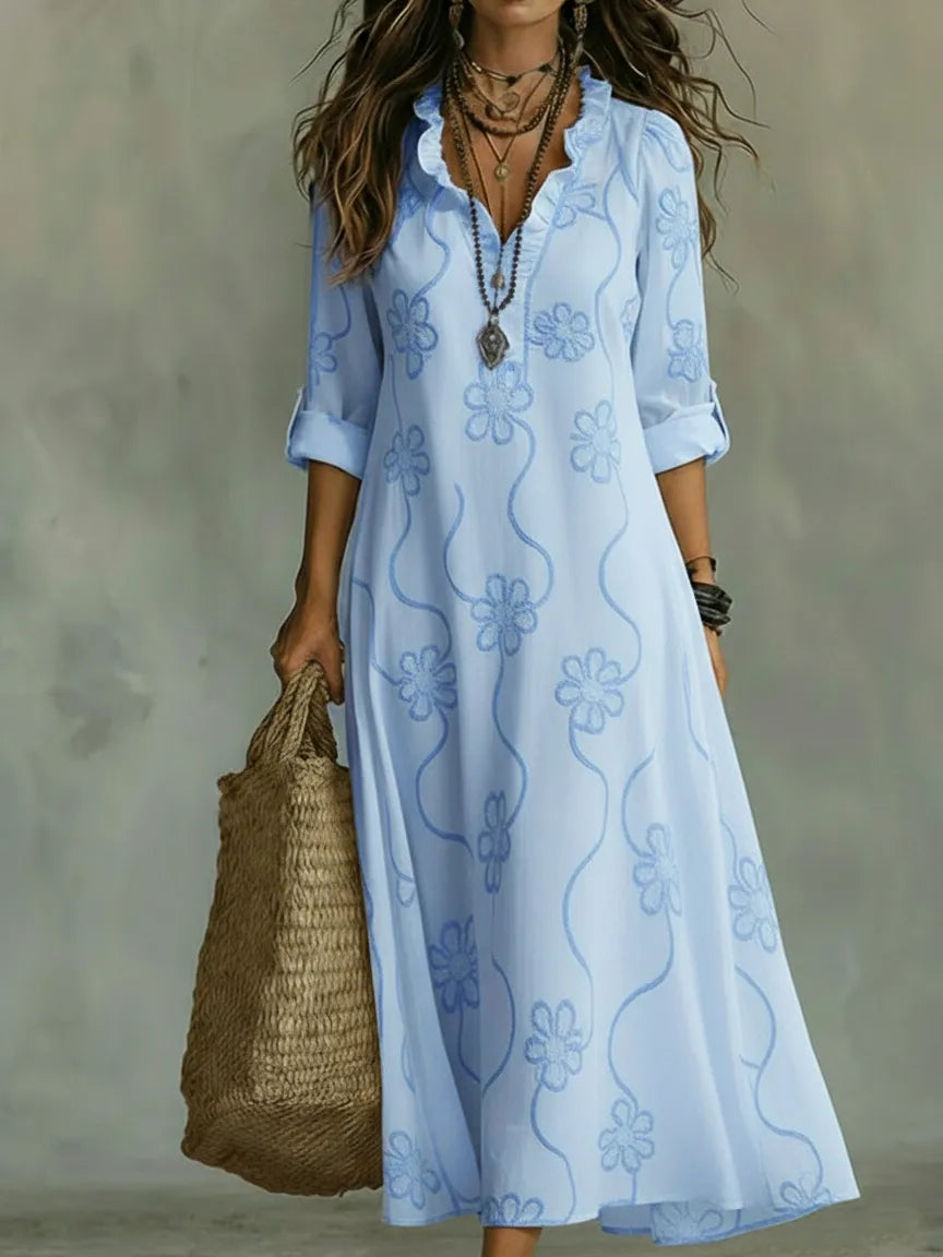 Retro Floral Ruffled-Collar A-Line Dress