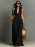 Women's Minimalist Linen-Blend Collared Single-Breasted Sleeveless Maxi Shirt Dress