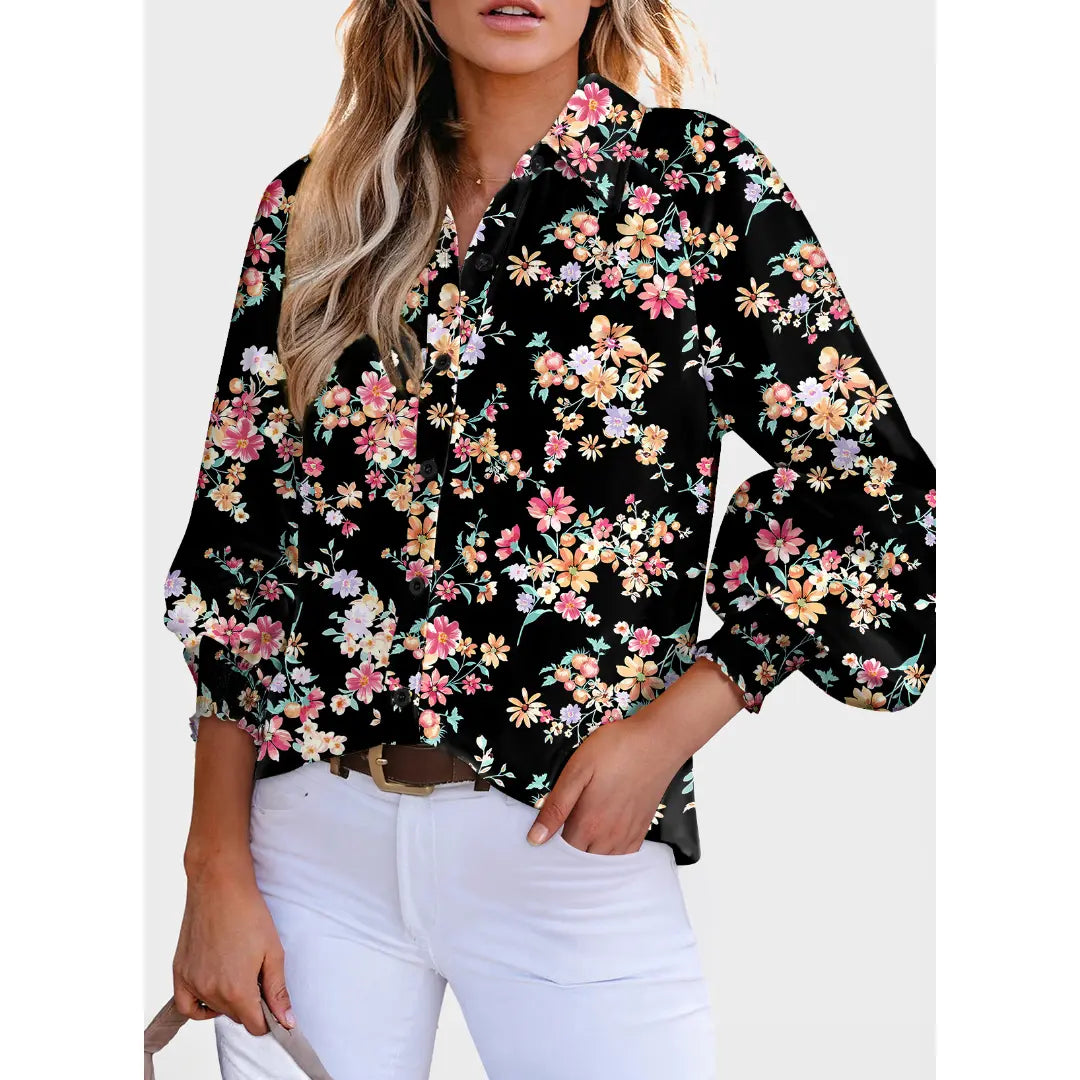 Women's Casual V Neck Allover Floral Print Long Sleeve Chiffon Button Down Blouses Bohemian Top Shirts