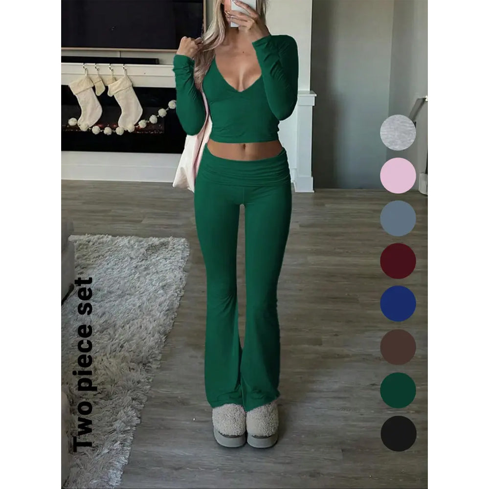 Slim-Fit Crop Top & Pants Two-Piece Set, Chic Solid Color V-Neck Long Sleeve for Fall and Winter