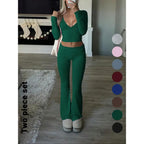 Slim-Fit Crop Top & Pants Two-Piece Set, Chic Solid Color V-Neck Long Sleeve for Fall and Winter
