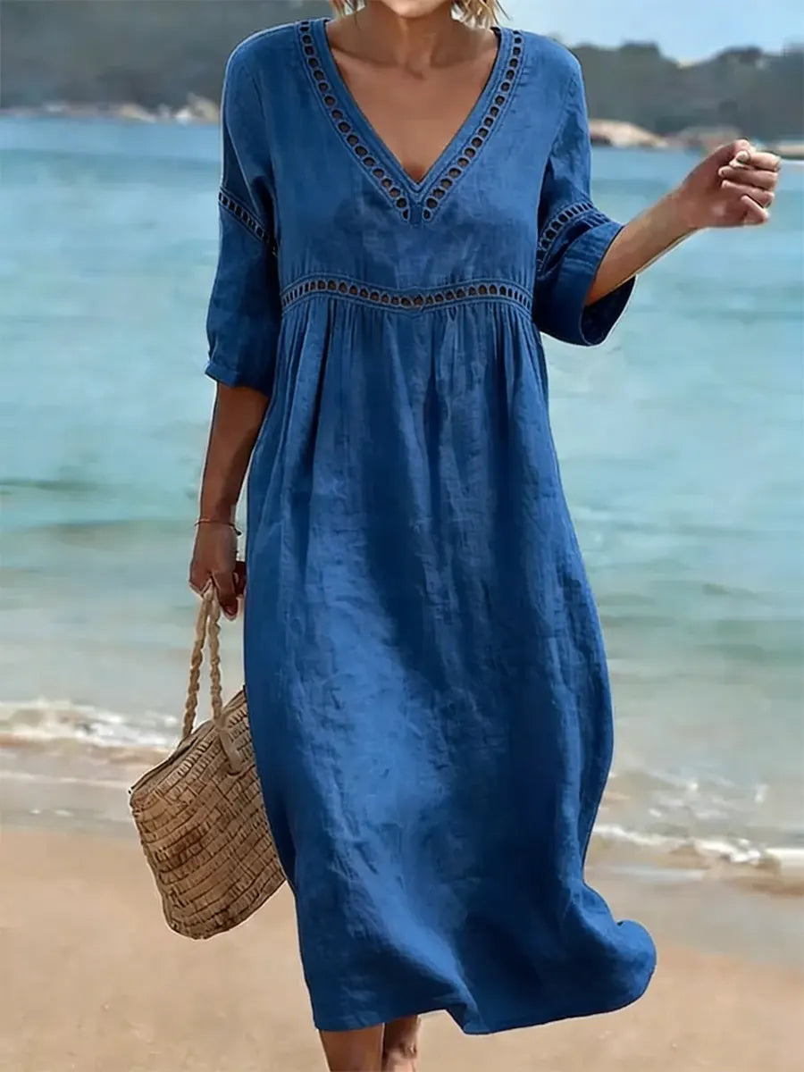 Women's Linen V-Neck Midi Dress