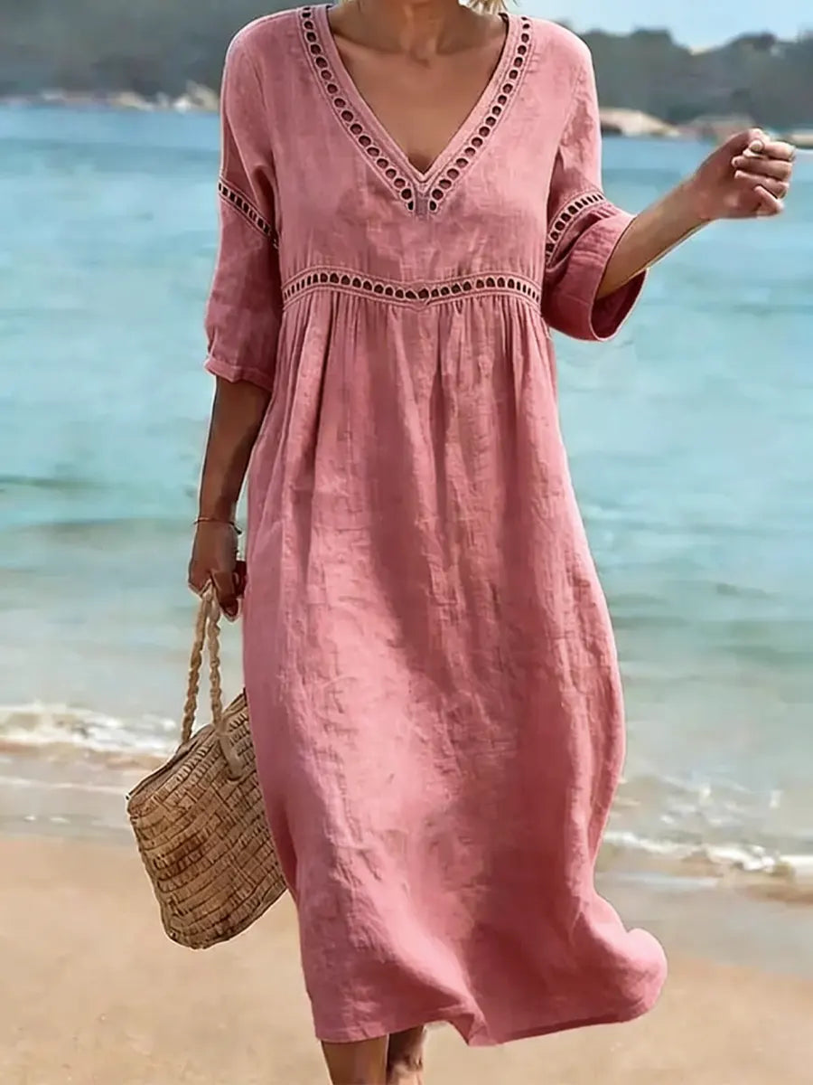 Women's Linen V-Neck Midi Dress